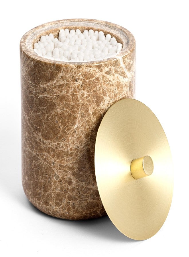 WORHE Marble Qtip Holder with Brass Lid for Cotton Swabs,Balls,Pads,Floss Picks Large Capacity Marble Apothecary Jar for Bathroom Essentials Decor, Vanity Makeup Storage Organizer Light Brown (WH080) - Image 1